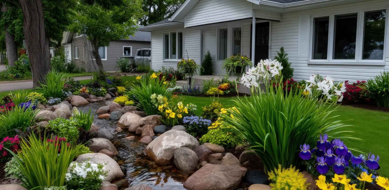 Professional landscaping with natural water feature in Kiryas Joel, NY